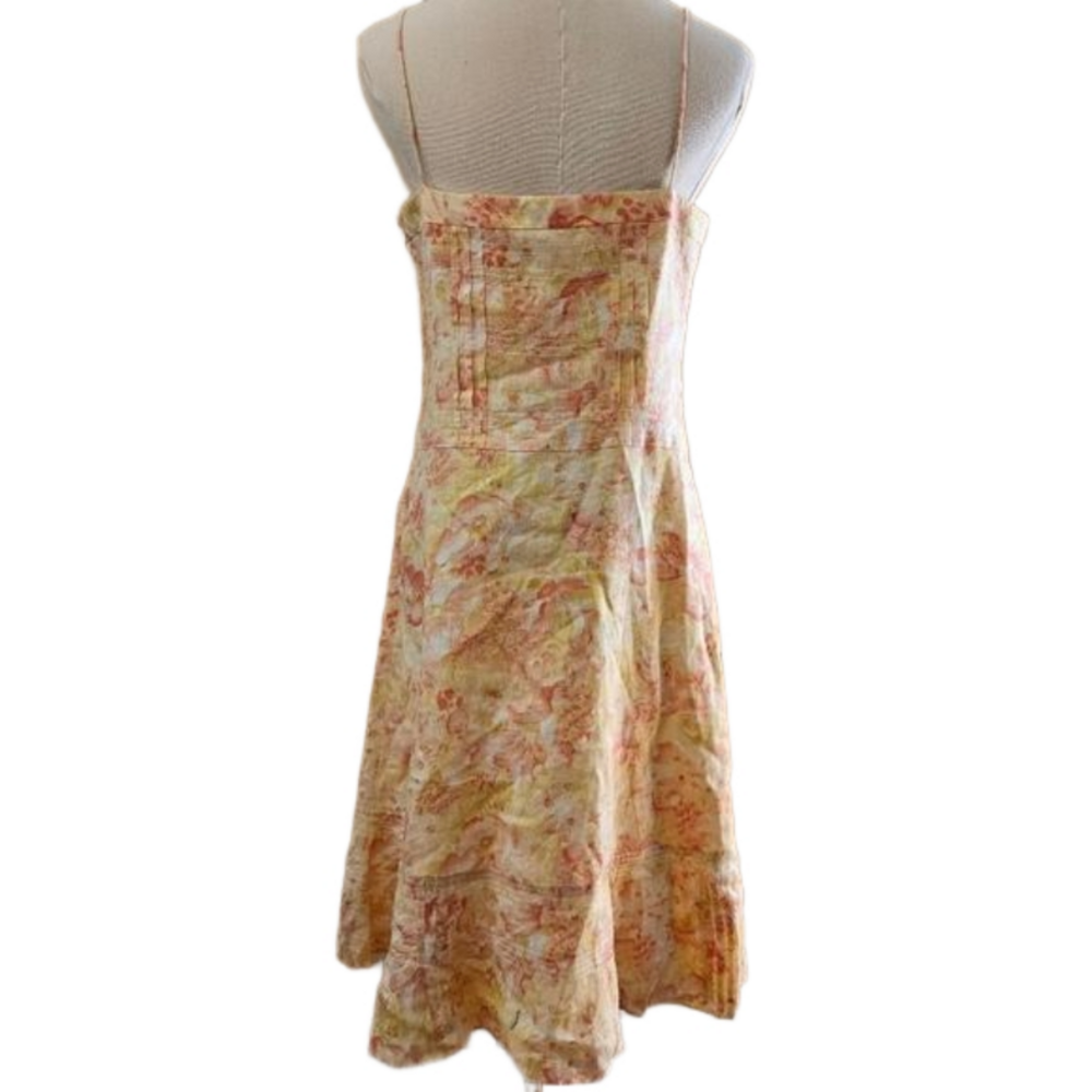 Ann Taylor Linen Pink Yellow Pastel Floral Pleated Detail Midi Dress-Size 8 - Picture 4 of 5